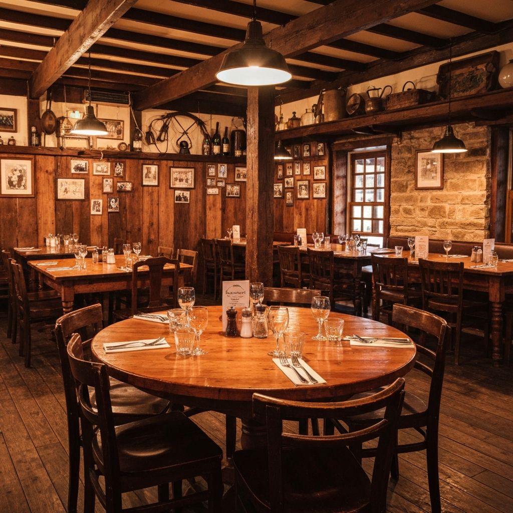 Inside the Commercial Hotel Allora dining room – warm timber tables set for a meal with cosy pub lighting