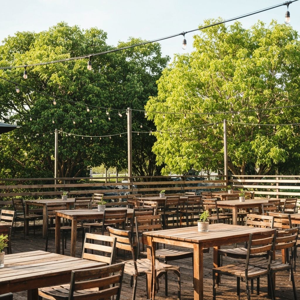 Commercial Hotel Allora outdoor beer garden seating area with timber tables
